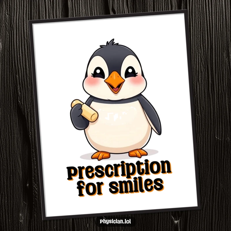 Funny Puffin Digital Art Print: A giggling puffin presents a tiny pill, offering a humorous and cheerful visual.