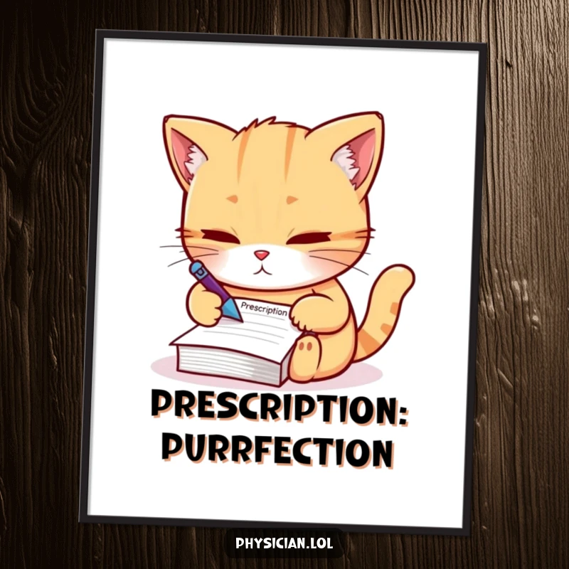 Funny Digital Art Print: Determined cat writing a prescription, high-resolution humorous artwork for instant, authoritative decor.