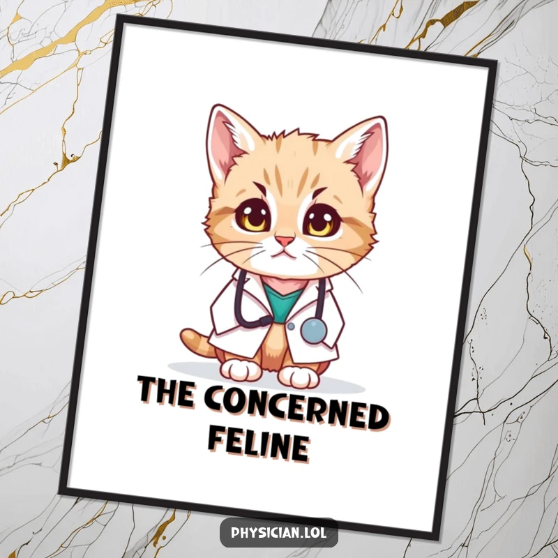 Funny digital art print of a kitten doctor in a white coat looking concerned, offering instant humorous and heartwarming decor.