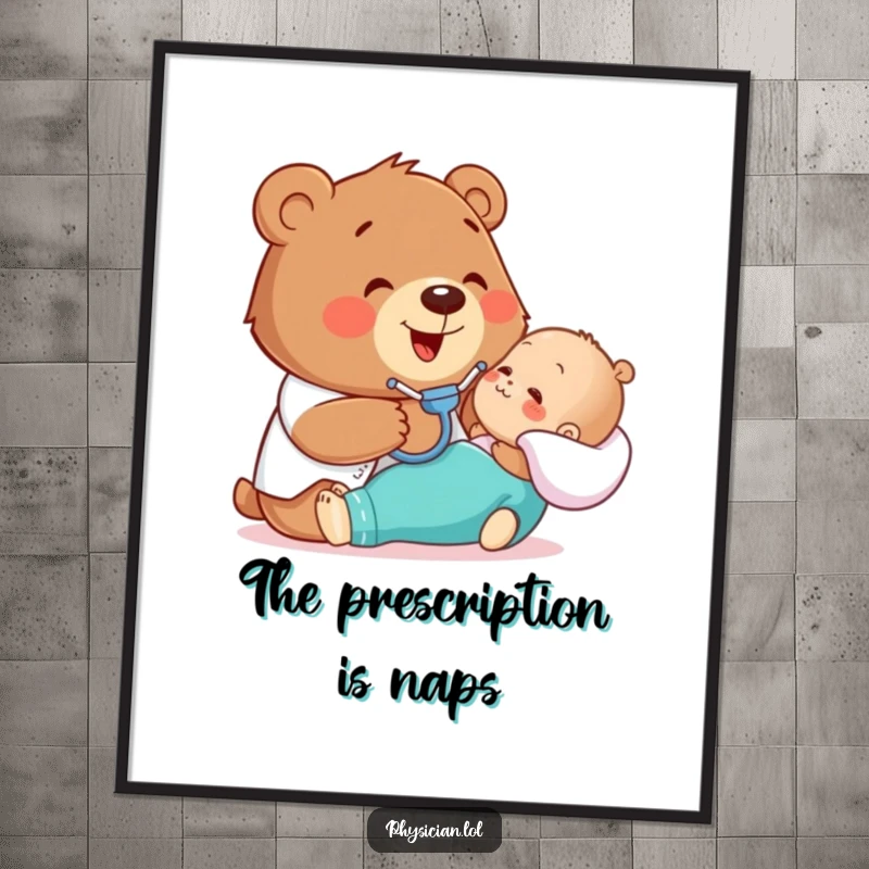 Funny digital art print of a happy bear gently examining a patient with a stethoscope, ideal for printable wall decor.