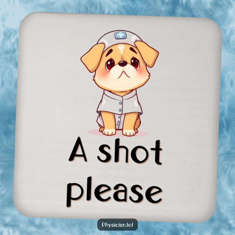 Funny confused dog drink coaster, a scared puppy in a hospital gown, protective and humorous home accessory.