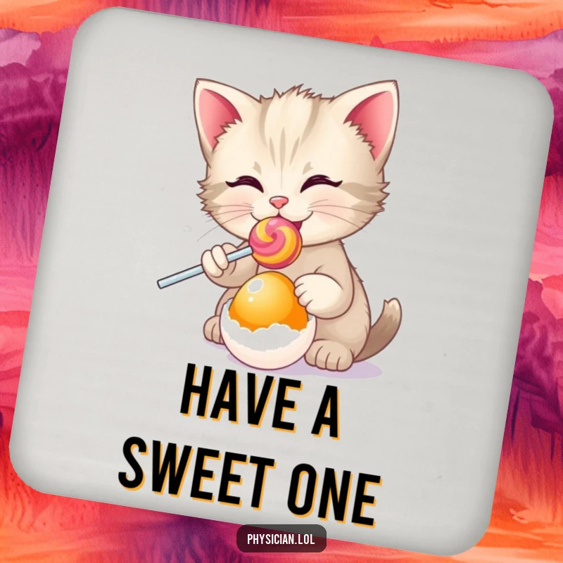 Funny kitten offering a lollipop to an egg, designed on drink coasters, adding cute humor to tabletops.