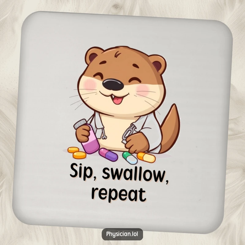 Funny otter doctor coasters holding colorful pills, protecting surfaces with a smile, adding cheerful prescription flair.