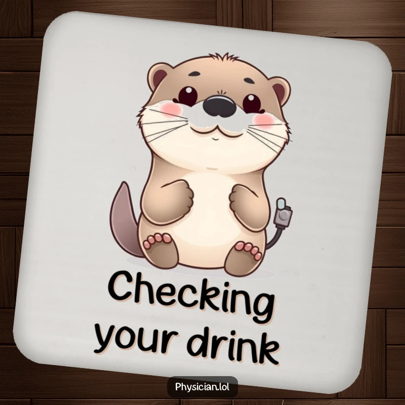Funny cheerful otter coaster, protecting a table, checking a pulse, friendly nod, happy and humorous home accessory.