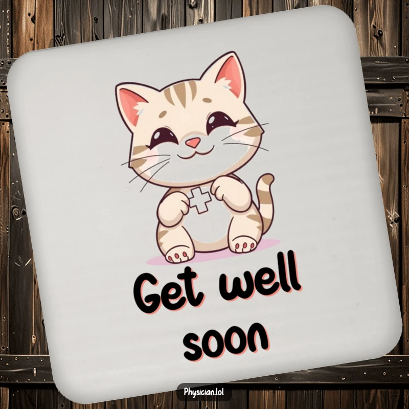 Funny Cat First Aid Coasters set featuring a smiling cat applying a colorful bandage, protecting surfaces with adorable humor.