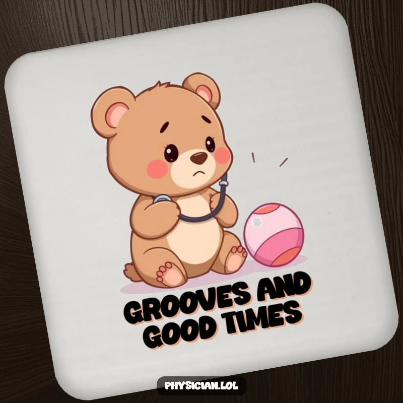 Funny drink coasters displaying a concerned bear cub doctor listening to a bouncy ball with a stethoscope, adding humor to tabletops.