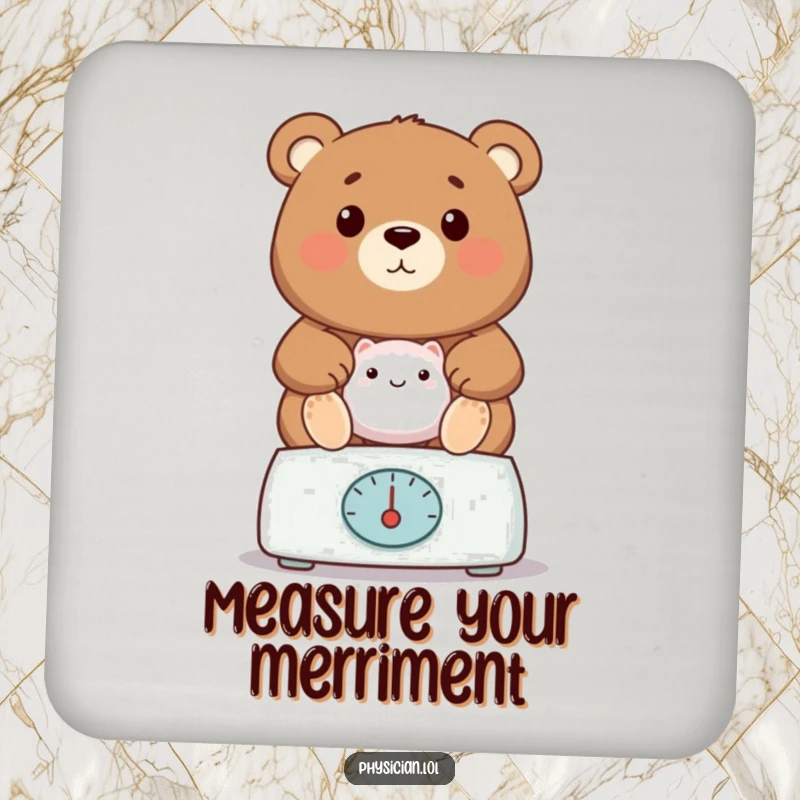 Funny bear vet drink coaster, showing a proud bear weighing a patient, protecting surfaces with gentle, humorous care.