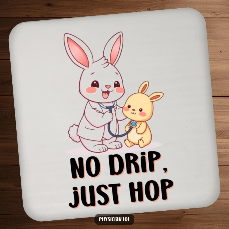 Funny bunny doctor coasters, protecting surfaces from rings, adding cute and humorous medical flair to your drink.