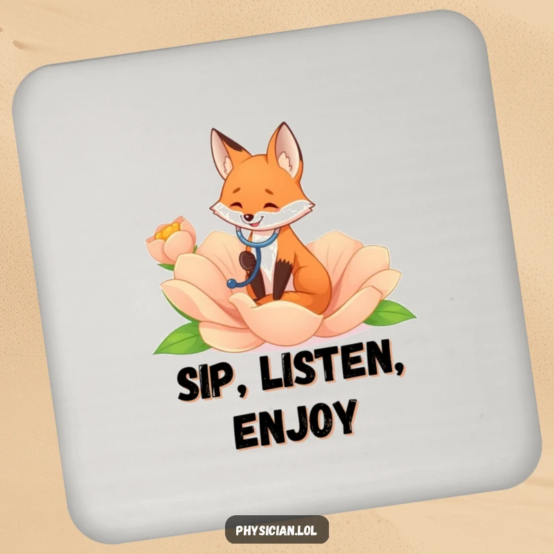 Funny fox with a stethoscope on a giant flower, designed on drink coasters, bringing nature's humor indoors.