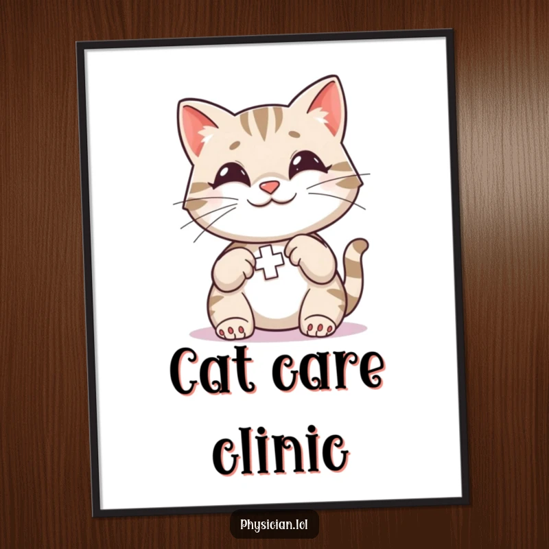 Funny Cat First Aid Poster showing a smiling cat applying a small, colorful bandage, offering comfort and whimsical art.