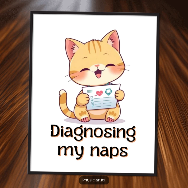 Funny poster art of a beaming cat doctor intently examining a medical chart, conveying focus and playful medical professionalism.