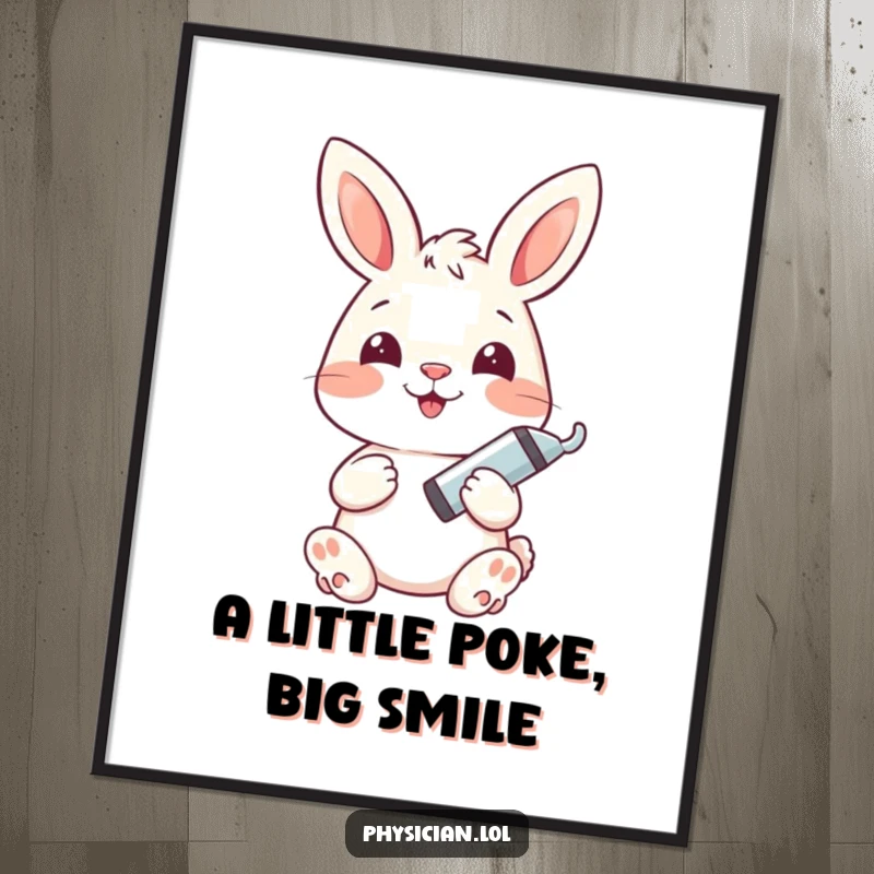 Funny bunny poster depicting a happy bunny holding a syringe, a humorous and uplifting piece of wall art.