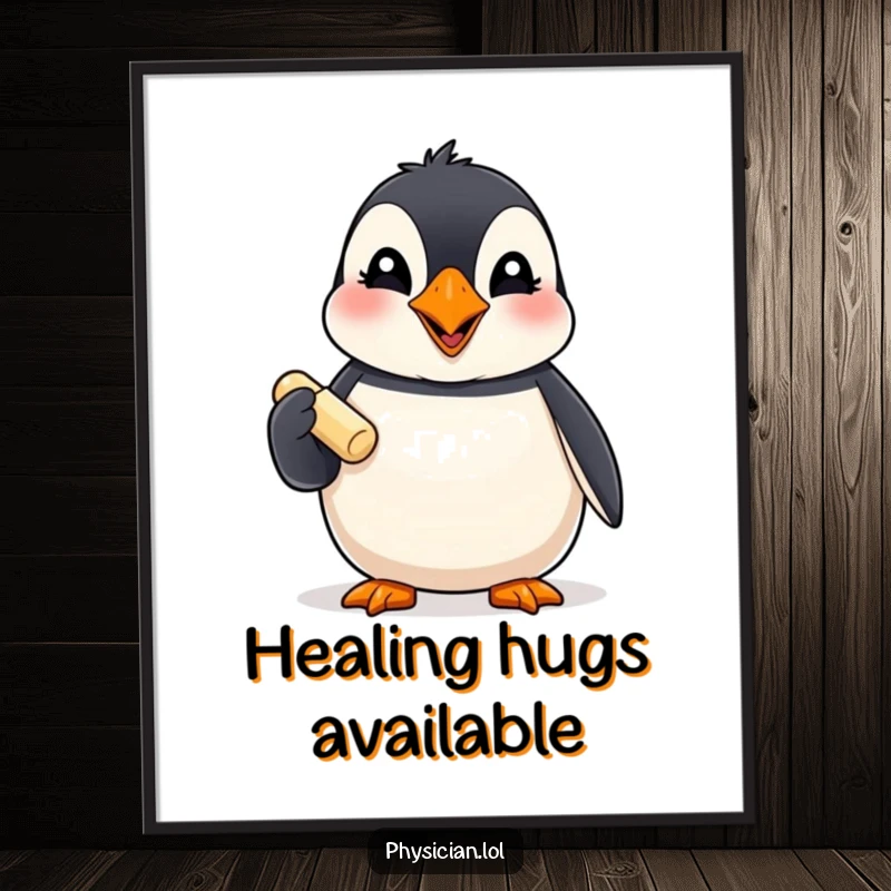 Funny Puffin Poster: A giggling puffin presents a small pill, creating a humorous and cheerful piece of wall art.