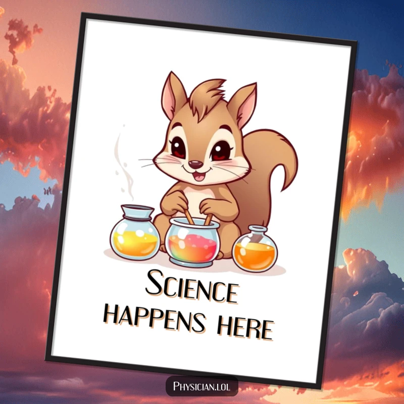 Funny brave squirrel artistically mixing a vibrant, swirling potion, displayed as a high-quality, humorous wall art.