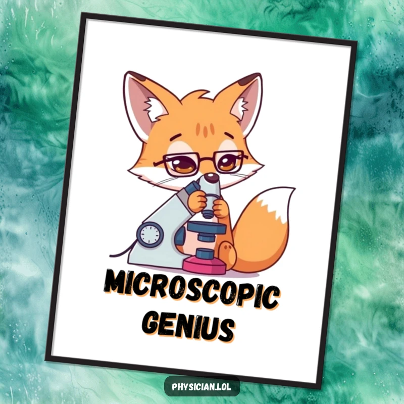 Funny Fox Poster featuring a determined fox using a microscope with intense concentration, perfect for study rooms.