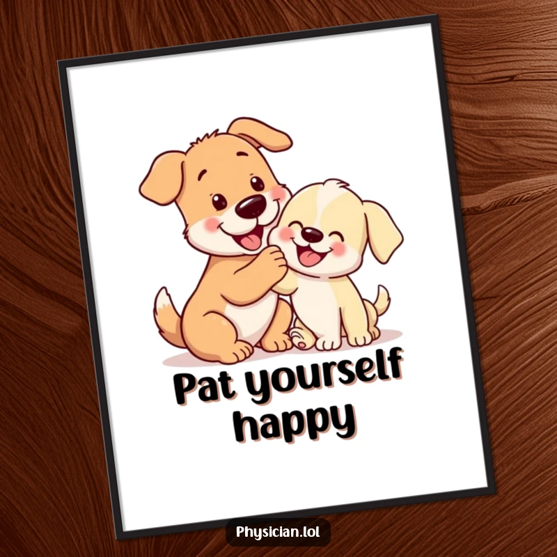 Funny big dog gently patting a cheerful puppy, a heartwarming and humorous poster for dog enthusiasts.