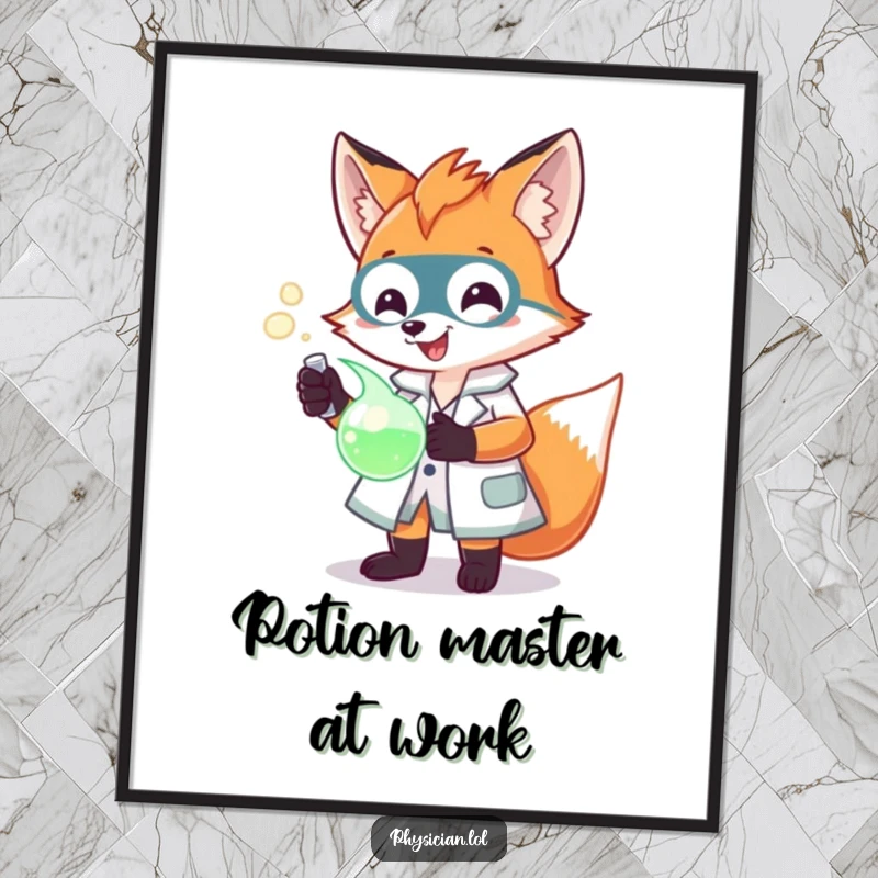 Funny Fox Scientist Poster showing a cheerful fox in a lab coat with a glowing potion, bringing a humorous scientific vibe.