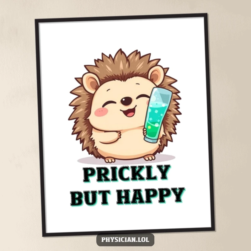 Funny poster art of a giggling hedgehog nurse cheerfully administering a small shot, embodying courage and cute medical assistance.