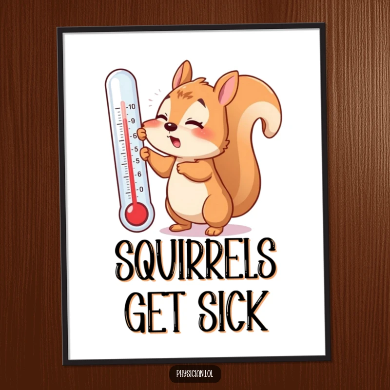 Funny poster featuring a flustered squirrel attempting to take its temperature with a giant thermometer, evoking relatable illness humor.