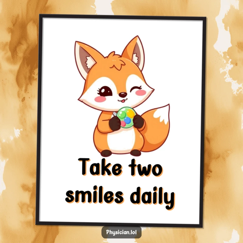 Funny fox poster, cheerful fox prescribing a colorful pill with a wink, quirky medical illustration, humorous wall decor.
