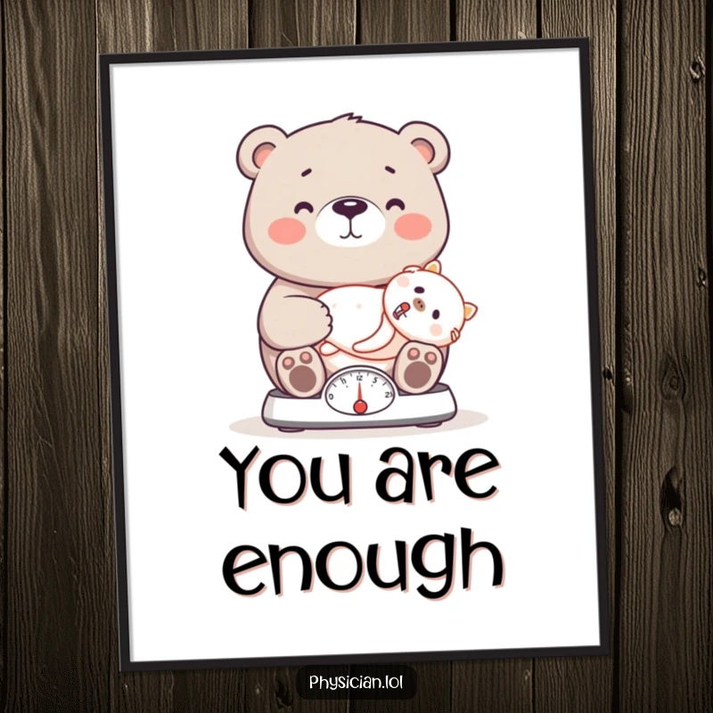 Funny bear poster showing a proud bear doctor weighing a patient on a scale, symbolizing care and health in a humorous way.
