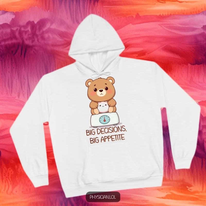 Funny bear hoodie, depicting a proud bear vet weighing a patient on a scale, offering cozy humor and warmth.