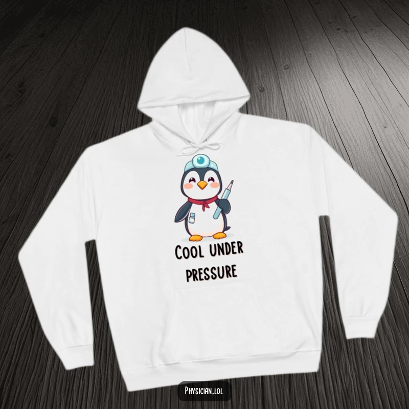 Funny proud penguin hoodie: a soft hoodie with a penguin doctor holding a medical instrument, symbolizing care and warmth.