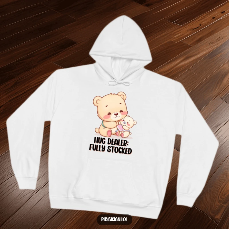 Funny bear cub hoodie with a compassionate cub giving a gentle pat, perfect for cozy, humorous comfort.
