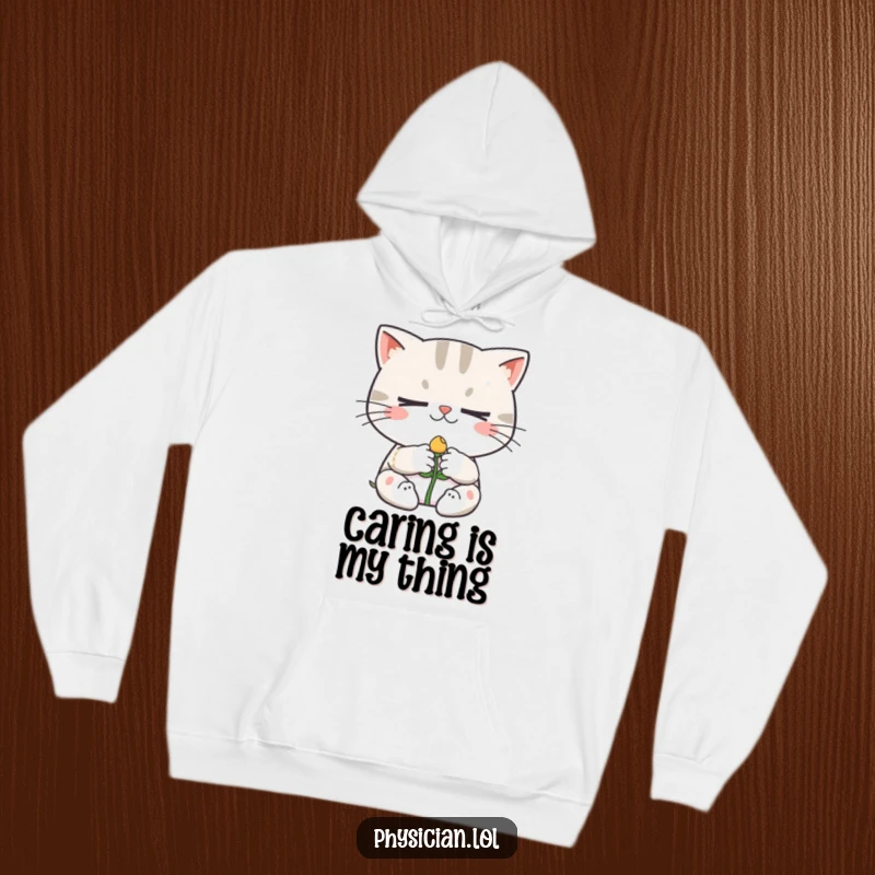 Funny hoodie depicting a determined cat character meticulously bandaging a tiny smiling sprout, showcasing gentle humor and plant care.