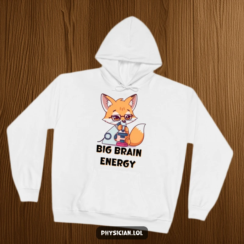 Funny Fox Hoodie with a determined fox using a microscope, ideal for cozy study sessions and scientific exploration.