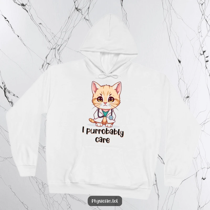 Funny hoodie featuring a kitten doctor in a white coat looking worried, offering cozy warmth and humorous feline empathy.