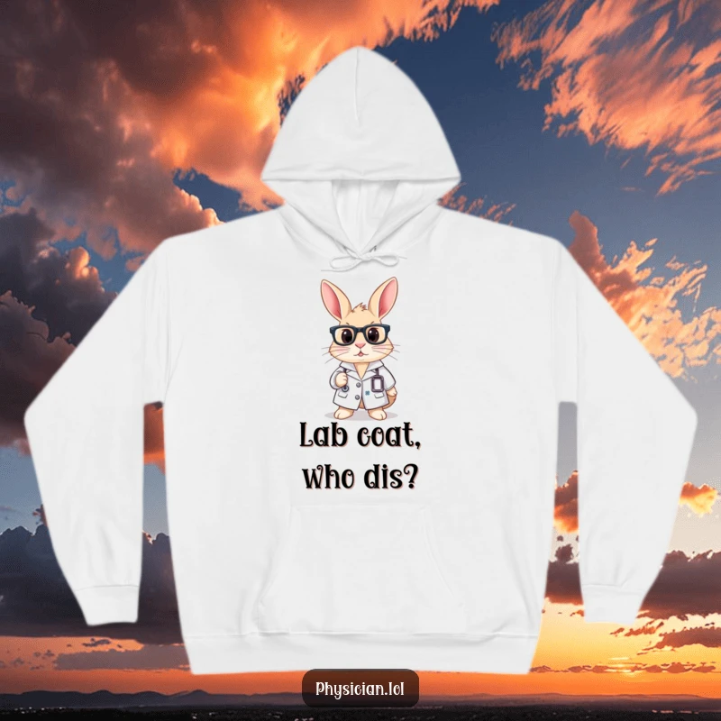 Funny hoodie with a curious rabbit wearing a lab coat and glasses, ideal for comfortable and intelligent study sessions.