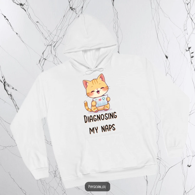 Funny hoodie featuring a beaming cat doctor concentrating on reading a medical chart, offering warmth and humorous medical insight.