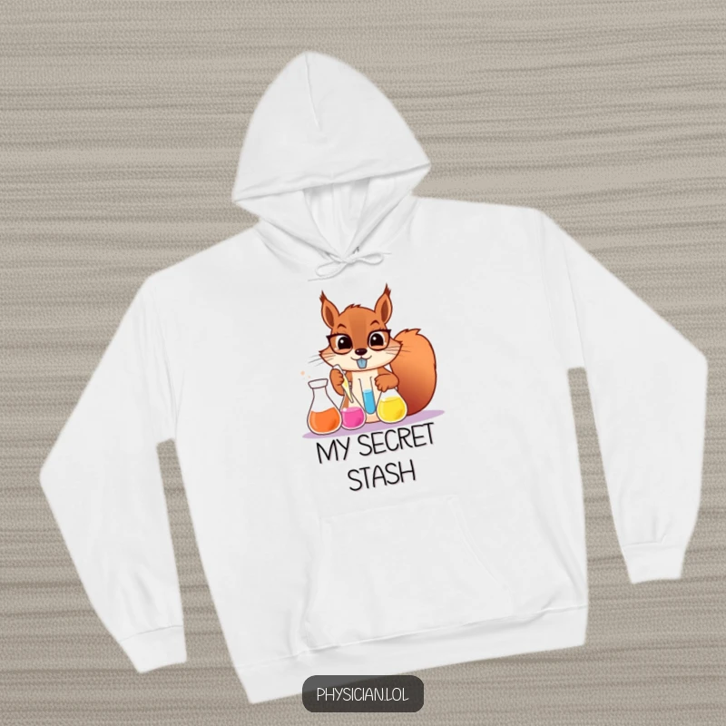 Funny determined squirrel scientist hoodie, a squirrel wearing a lab coat mixing colorful liquids, cozy and geeky.