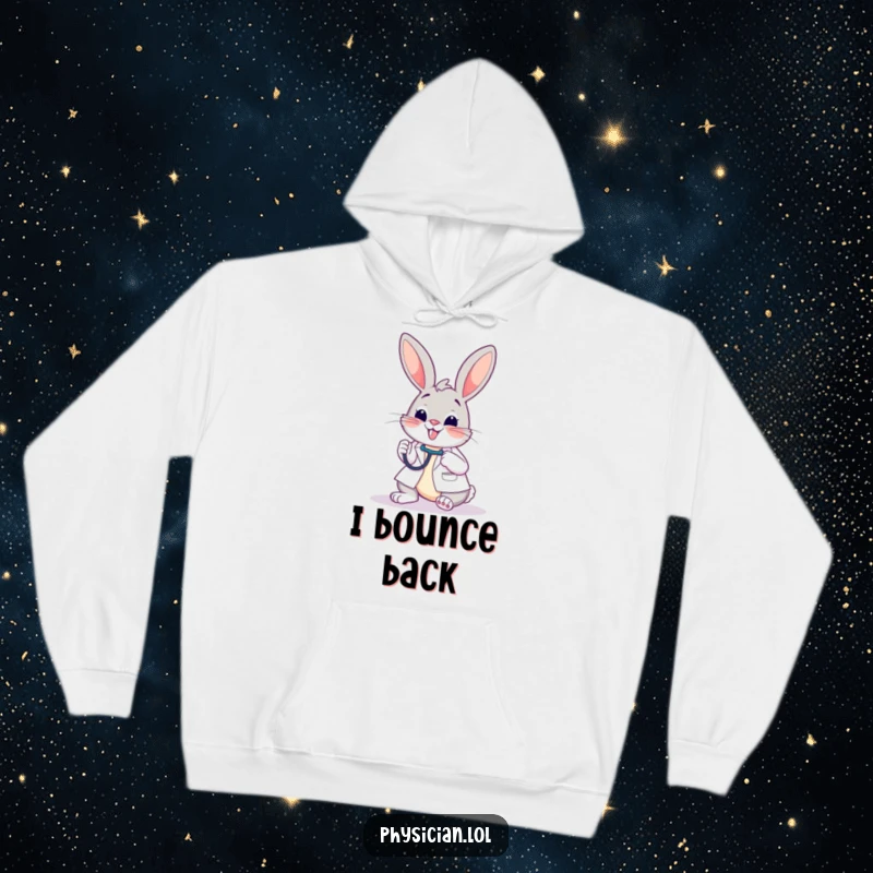 Funny hoodie with a happy bunny doctor checking a patient with a stethoscope, offering warmth and humorous medical cheer.