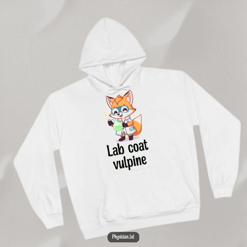 Funny Fox Scientist Hoodie featuring a cheerful fox in a lab coat holding a glowing potion, offering warmth and intellectual humor.