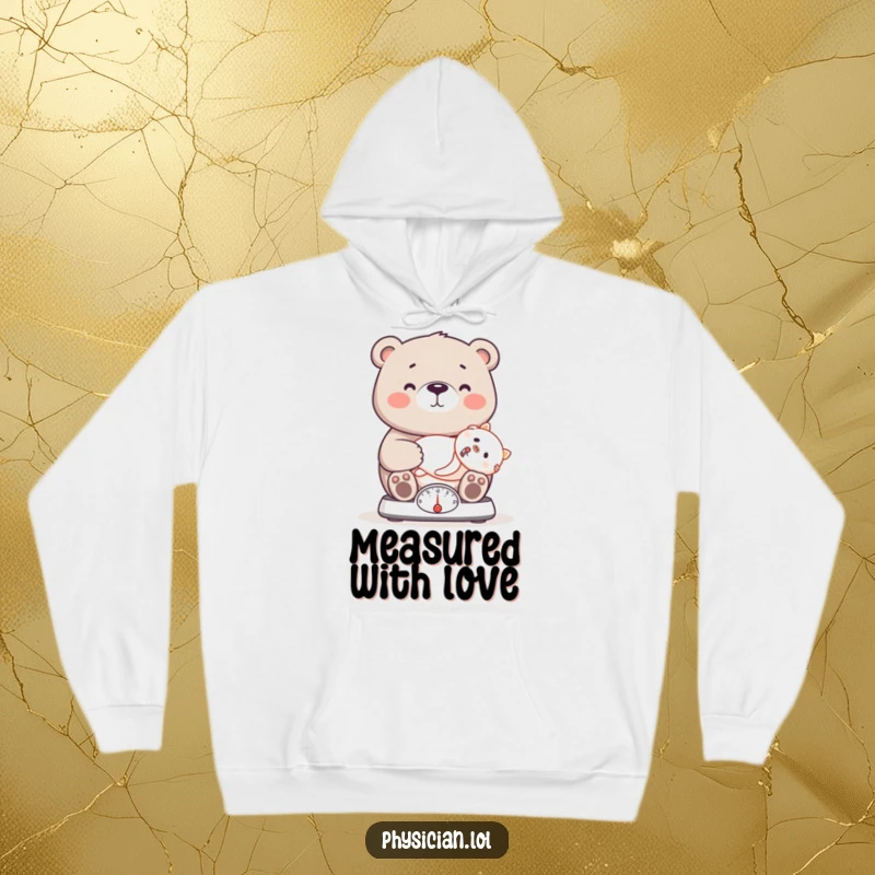 Funny bear hoodie showing a proud bear doctor weighing a patient on a scale, offering warmth and humorous support.
