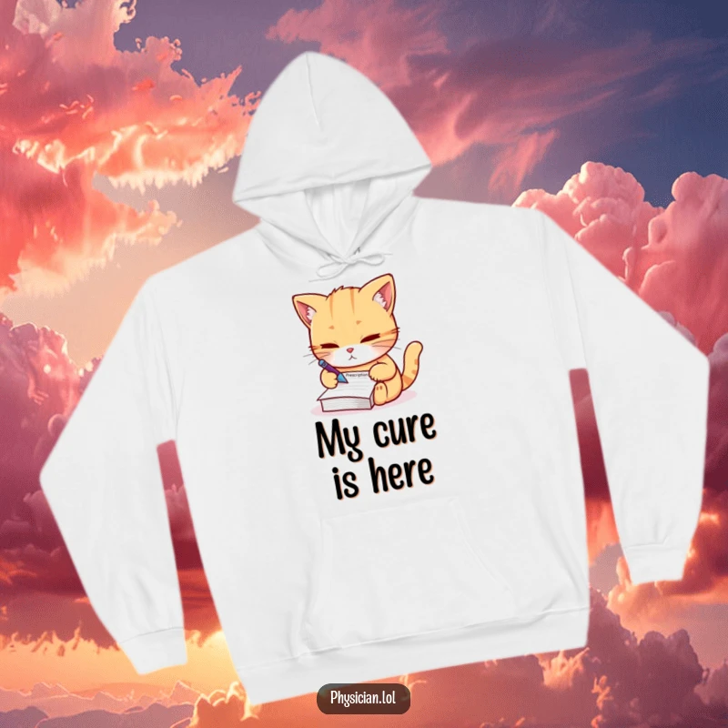 Funny Hoodie: A comfortable hooded sweatshirt depicting a determined cat writing a prescription, embodying focused humor and cozy authority.