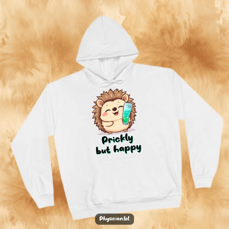 Funny hoodie with a giggling hedgehog nurse cheerfully giving a shot, offering cozy comfort and a touch of medical bravery.