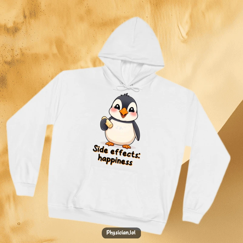 Funny Puffin Hoodie: A smiling puffin with a pill signifies a cheerful and humorous design, offering warmth and laughs.