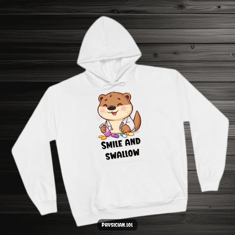 Funny otter doctor with colorful pills, a cozy hoodie perfect for staying warm and spreading cheer.