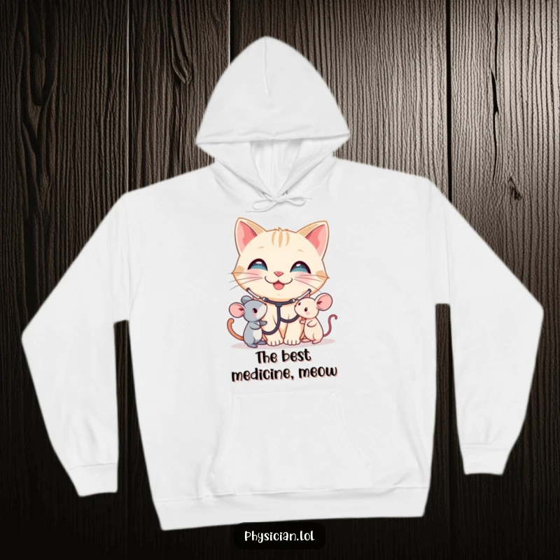 Funny Cat Hoodie: A smiling cat wearing a stethoscope listens to a toy mouse. This humorous, cozy hoodie is a great funny gift.