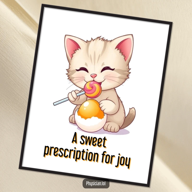 Funny Free Printable wall art: A happy kitten wearing a doctor's hat prescribes a vibrant lollipop to a surprised-looking egg.