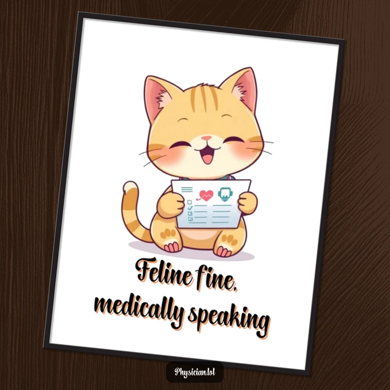 Funny Free Printable Wall Art: A beaming cat wearing doctor attire, intently reading a medical chart, bringing professional humor home.