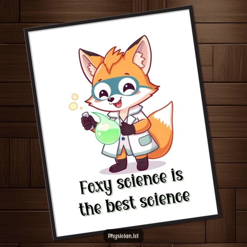 Funny Free Printable Wall Art: A cheerful fox in a lab coat, examining a glowing potion, creating a quirky, science-themed art piece.