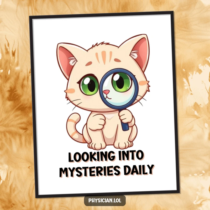 Funny Free Printable Wall Art: A curious cat holding a magnifying glass, wide-eyed, creating a humorous, detective-themed art piece.