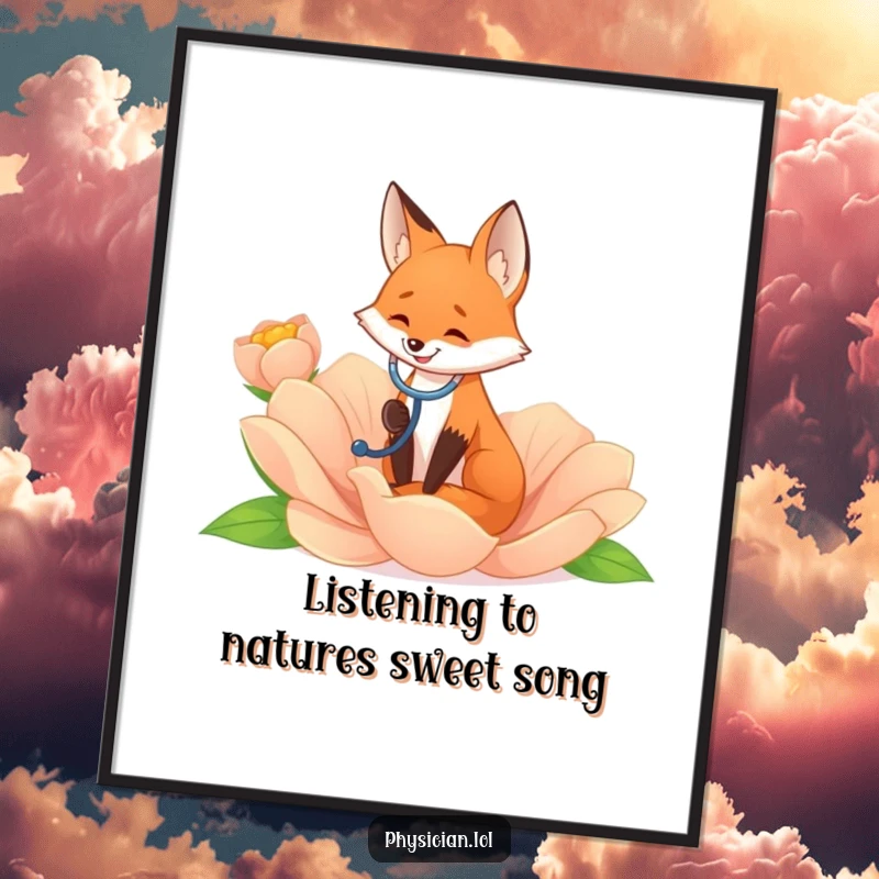 Funny Free Printable wall art: A smiling fox attentively listens to a giant flower using a stethoscope, capturing a calm moment.