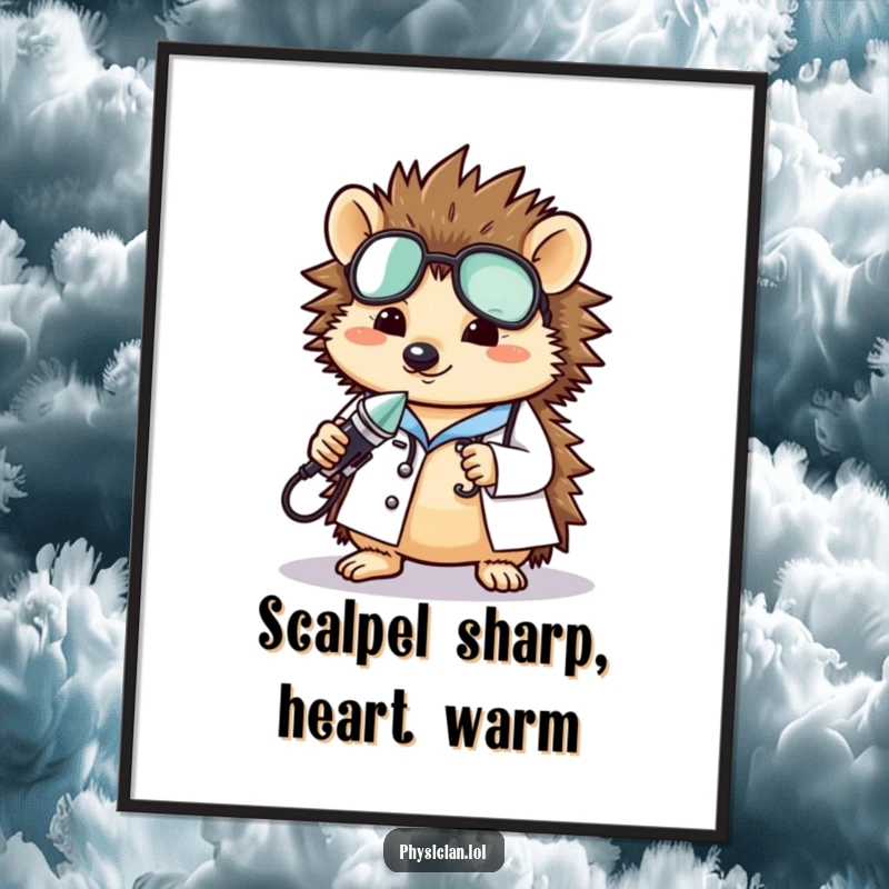 Funny Free Printable Hedgehog Doctor Wall Art, a whimsical scene of a cute animal physician with a delicate medical tool.