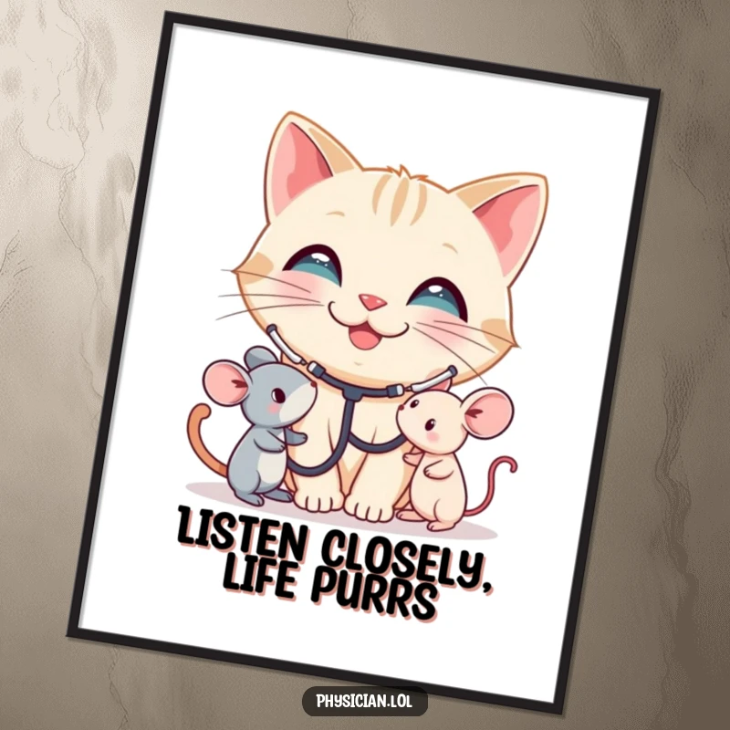 Funny Free Printable Wall Art: A smiling cat wearing a stethoscope listens intently to a toy mouse, like a doctor.