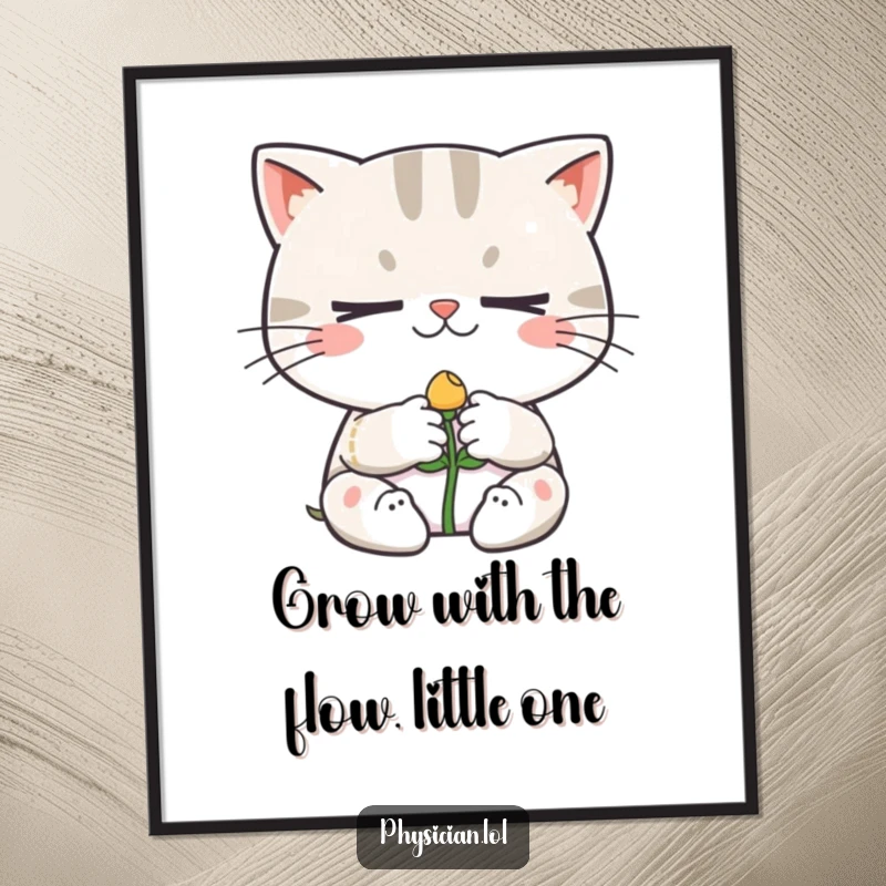 Funny Free Printable Wall Art: A determined cat bandages a smiling sprout, a whimsical piece for plant lovers.